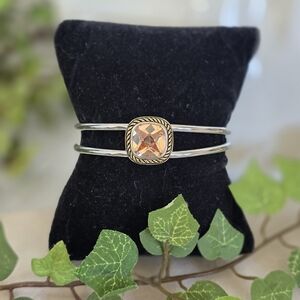 Silver Steel Open Cuff Bracelet with Orange Citrine Color Stone